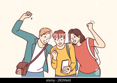 Die Schüler sind mit dem Telefon überglücklich, wenn sie SMS-Benachrichtigungen über die Absage von Kursen an einer Hochschule oder Universität erhalten. Glückliche Schüler feiern die Freude, Noten für die Prüfung per Telefon zu überprüfen Stock Vektor