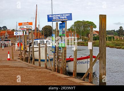 Ein Blick auf den Kai, der für Blakeney Point Seal Trip-Boote im Hafen an der North Norfolk Coast in Blakeney, Norfolk, England, Großbritannien reserviert ist. Stockfoto