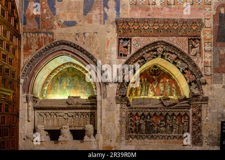 Sepulcros y pinturas murales en el brazo sur del crucero. Catedral de la Asunción de la Virgen, catedral vieja, Salamanca, comunidad Autónoma de Castilla y León, Spanien. Stockfoto