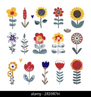 Sammlung süßer Blumen im folkloristisch-skandinavischen Stil, isolierte Vektordarstellung. Bezaubernde Designelemente für die Verpackung von Handwerksprodukten, Kinder Stock Vektor