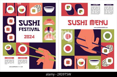 Sushi-Muster. Hintergrund: Japanische Speisen, Lachs, Thunfisch, Kaviar, Reis. Stock Vektor