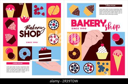 Poster-Set für Bäckerei. Süße Produkte, Desserts. Vektordarstellung für Banner, Cover, Flyer, Menü, Werbung. Stock Vektor