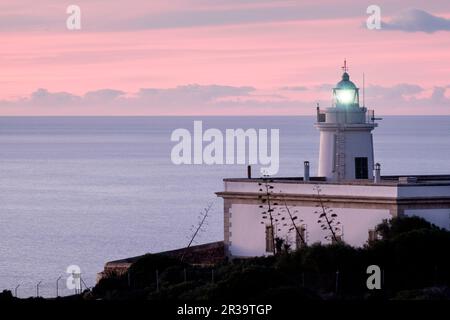 Leuchtturm von Cap Blanc 1862 erbaut. , Llucmajor, Mallorca, Balearen, Spanien, Europa. Stockfoto