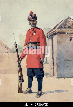 Punjabi muslimischer Sepoy von 22. Punjabis (jetzt 7. Bataillon Punjab-Regiment, pakistanische Armee). Gemalt von Major Alfred Crowdy Lovett (1862-1919) aus dem Buch " The Armies of India " von Major George Fletcher MacMunn, (1869-1952) Publikation vom 1911 Herausgeber London, Adam and Charles Black Stockfoto