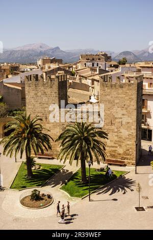 Puerta de Xara, - Puerta del Moll-, plaza Carles V, muralla Mittelalterliche, siglo XIV, Alcudia, Mallorca, Balearen, Spanien. Stockfoto