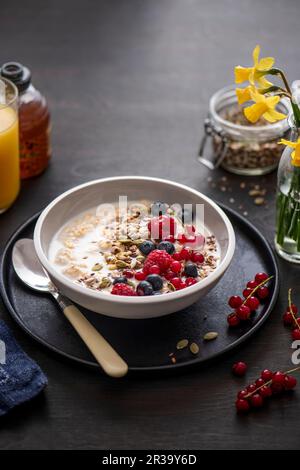 Bircher Müsli (über Nacht in Milch getränkter Hafer) mit Honig und frischem Obst Stockfoto