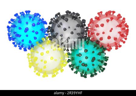 Symbolische 3D-Darstellung des Coronavirus sars-COV-2 und der olympischen Ringe Stockfoto