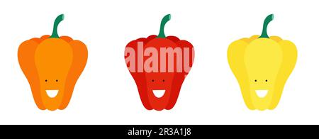 Pfeffer. Süße, lustige Cartoon-Gemüse-Figuren. Emotionen. Das Essen schmeckt gut. Vektordarstellung für Kinder. Stock Vektor