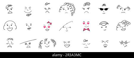 Cartoon nette und lustige Gesichter mit positiven und negativen Emotionen. Comic-Karikaturfiguren mit Augen und Mund. Handgezeichnetes Mimik-Set. Stock Vektor