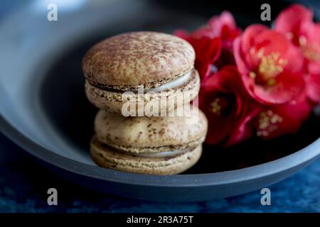 Makronen und Blumen in einer Schüssel Stockfoto