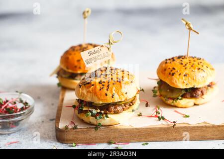 Hausgemachte Mini-Burger mit Bambusbrochetten. Sandwiches mit Fleischpasteten, Käse, Gurken und Schoko Stockfoto