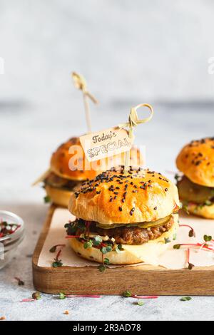 Hausgemachte Mini-Burger mit Bambusbrochetten. Sandwiches mit Fleischpasteten, Käse, Gurken und Schoko Stockfoto