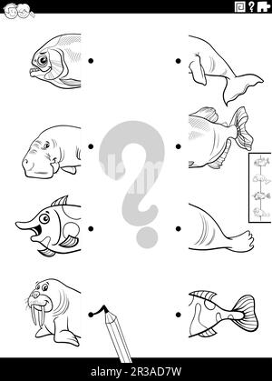 Schwarz-weißer Cartoon mit einem pädagogischen Spiel, bei dem die Bildhälften zu den Charakteren der Meerestiere passen Stock Vektor