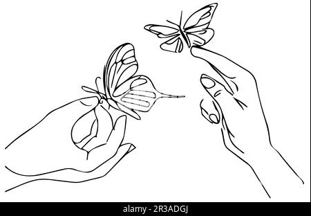 Eine durchgehende Handlinie, die den Schmetterling auf weißem Hintergrund hält. Schwarze dünne Linie der Hände mit Schmetterling. Freiheitskonzept. Stockfoto