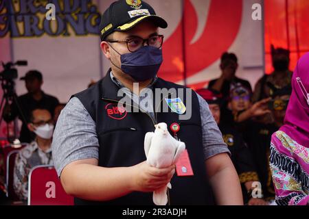 Der Regente von Kediri Hanindhito Himawan Pramana (Mas Dhito) feierte die Unabhängigkeit Indonesiens bei Kirab Tumpeng hasil bumi (Bauer Thanksgiving) Stockfoto