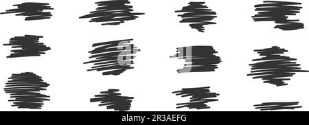Satz von Markern, Bleistiften, Kugelschreibern oder Tintenschreibern. Abstrakte Schraffurtexturen, die auf weißem Hintergrund isoliert sind. Schwarze, von Hand gezeichnete Verschmutzungen oder Kratzer. Grafische Vektordarstellung Stock Vektor