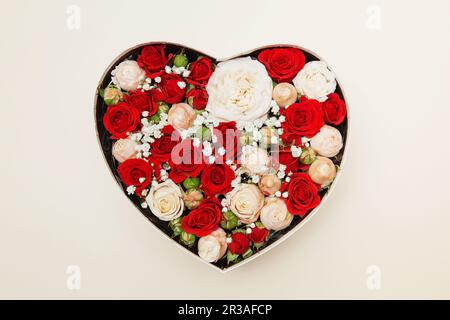 Rot-weiße Rosen in einer weißen Box in Form eines Herzens auf warmweißem Hintergrund. Blumen liefern Stockfoto
