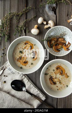 Zwei Schüsseln mit köstlicher Pilzsuppe auf Holztisch. Flache Lagenzusammensetzung. Food-Fotografie Stockfoto