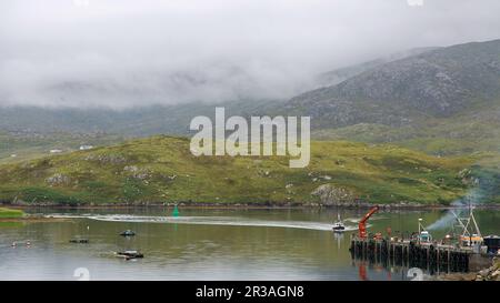 North Harbour Pier an einem nebligen Morgen, Scalpay of Harris, Hebriden, Äußere Hebriden, westliche Inseln, Schottland, Vereinigtes Königreich, Großbritannien Stockfoto