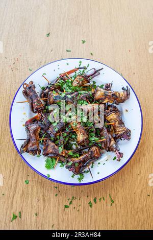 Gegrillte Auberginenrollen mit roten Zwiebeln und Petersilie Stockfoto