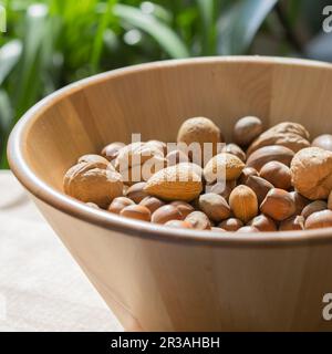 Verschiedene Nüsse in einer großen Holzschüssel auf einem blattgrünen Hintergrund Stockfoto