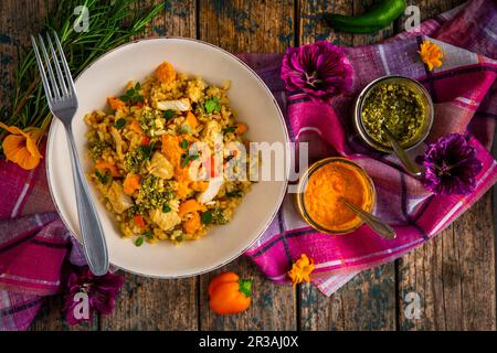 Gebratener Reis mit Hühnchen, Pfeffer und Pesto Stockfoto