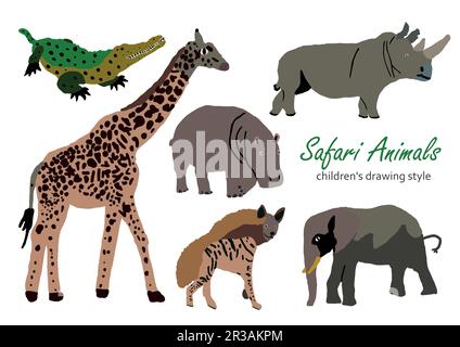 Vektordarstellung süßer wilder afrikanischer Safaritiere. Einschließlich Giraffen, Elefanten, Hyänen, Krokodile, Nilpferde, rhinoceros witziger Zeichentrickfilm Stock Vektor