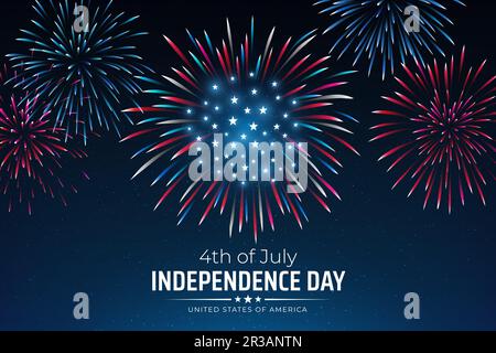 Banner 4. vom juli usa Unabhängigkeitstag, Vorlage, farbenfrohes amerikanisches Feuerwerk vor dunklem Himmel. Vierter juli, Nationalfeiertag der USA. Vektor Stock Vektor