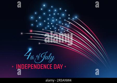 Banner 4. vom juli usa Unabhängigkeitstag, Vorlage, farbenfrohes amerikanisches Feuerwerk vor dunklem Himmel. Vierter juli, Nationalfeiertag der USA. Vektor Stock Vektor