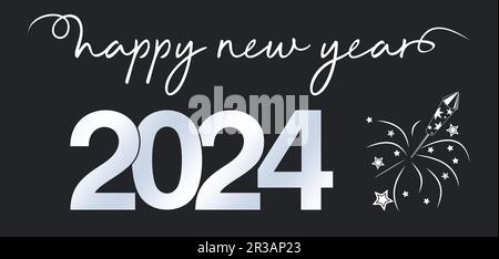 Neujahr 2024 Grußvektor. Abstraktes Feuerwerk. Isolierter Hintergrund. Silvesterdekoration in Weiß, Schwarz und Blau für Hintergrund, Tapete. Stock Vektor