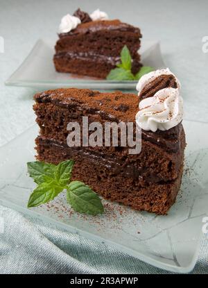 Schokoladenkuchen mit Sahne und Pfefferminze Stockfoto