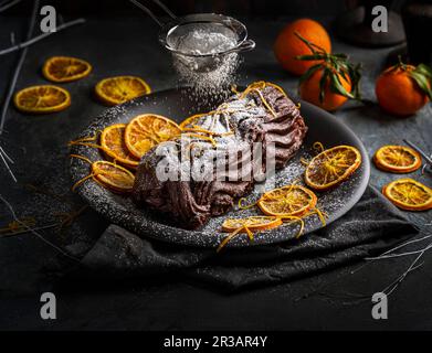 Schokoladenstamm mit Orangenschalen und Puderzucker Stockfoto