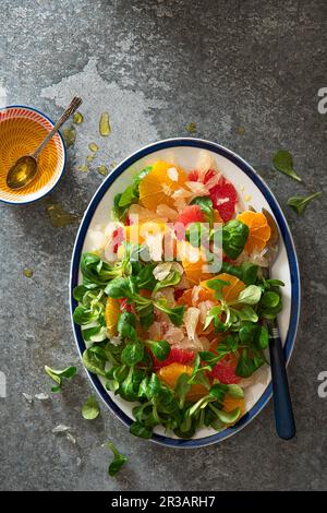 Grapefruit, Orange, satsuma und Pomelo Salat mit Lammsalat Stockfoto