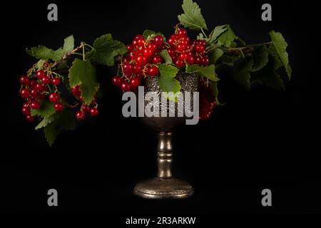 Rote Johannisbeeren in einem luxuriösen Vintage-Glas auf dunklem Hintergrund. Stille Beeren im Stil des 18. Jahrhunderts. Stockfoto