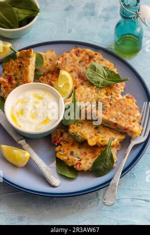 Hähnchen, rote Pfeffer und Maisfritter, Joghurt mit Olivenöl und Pfeffer, Zitronen, Spinatblätter Stockfoto