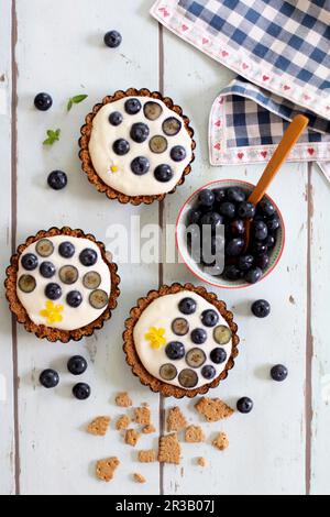 Käsekuchen-Törtchen mit Blaubeeren Stockfoto