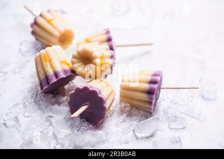 Gefrorener Sojabohnen-Joghurt auf Stöcken mit Blaubeeren, Vanille und Mango Stockfoto