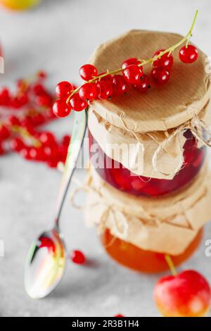 Zwei Gläser mit selbstgemachter Marmelade. Glasgefäße mit verschiedenen Marmeladen und Beeren. Pflaume und r Stockfoto