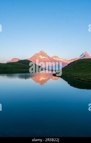 Blick auf den Sonnenaufgang auf die Berner Bergkette über dem Bachalpsee. Höchste Gipfel Eiger, Jungfrau und Faulhorn an berühmter Stelle. Schweizer alpen, Grindelwald vall Stockfoto