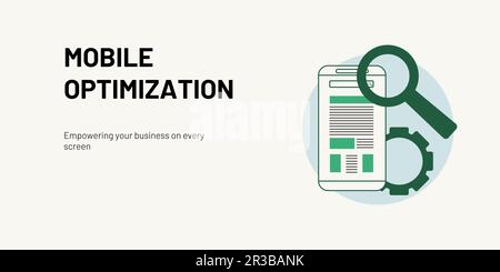 Banner zur Optimierung mobiler Geräte auf hellem Hintergrund. Elegantes Banner mit schwarzem Text und grünen Symbolen für Unternehmen und Marketing Stock Vektor
