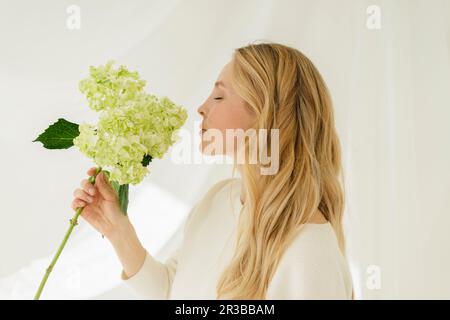 Blonde Frau mit geschlossenen Augen, die Hortensien am Vorhang riecht Stockfoto