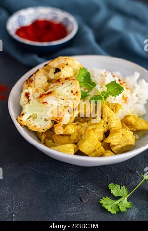 Kokosnuss-Curry-Hähnchen mit gebratenem Blumenkohl und Reis Stockfoto