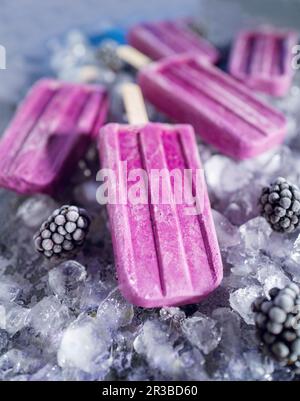 Hausgemachtes Brombeerjoghurt-Eis am Stiel Stockfoto
