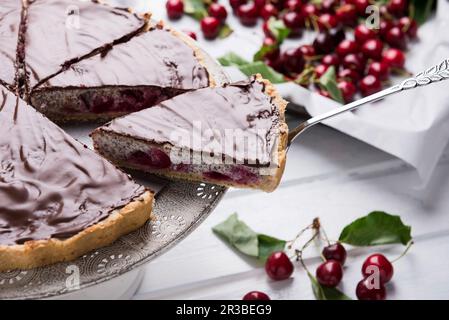 Veganer Mohn- und Quarzkuchen mit süßen Kirschen und dunkler Schokolade Stockfoto