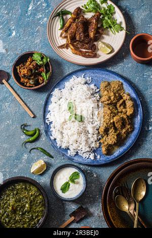 Einfaches indisches Hühnchen-Curry und gebratene Sardellen Stockfoto