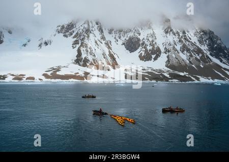 Extremtourismus, Winter Kajakfahren in der Antarktis und im arktischen Greenaland, abenteuerlustige Männer, die auf dem Seekajak zwischen Eisbergen paddeln Stockfoto