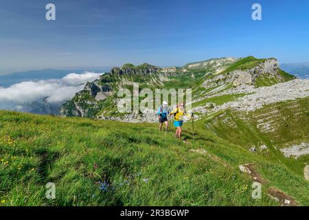 Italien, Provinz Belluno, Paar Wanderer auf dem Alta Via Dolomiti Bellunesi Trail Stockfoto