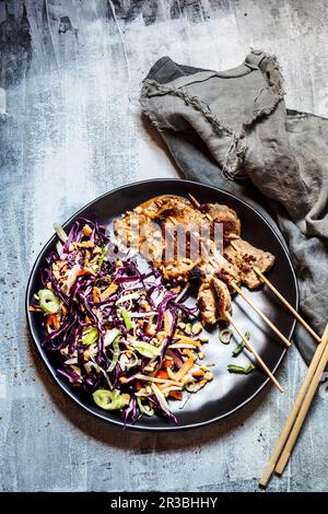 Satay mit Erdnusssoße und Rotkohlsalat im thailändischen Stil Stockfoto