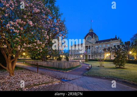 Frankreich, Bas-Rhin, Straßburg, Baumblüte vor dem Palais du Rhin in der Dämmerung Stockfoto