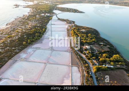 Spanien, Balearen, Formentera, Drohnenblick auf Salzebenen im Naturpark Ses Salines Stockfoto